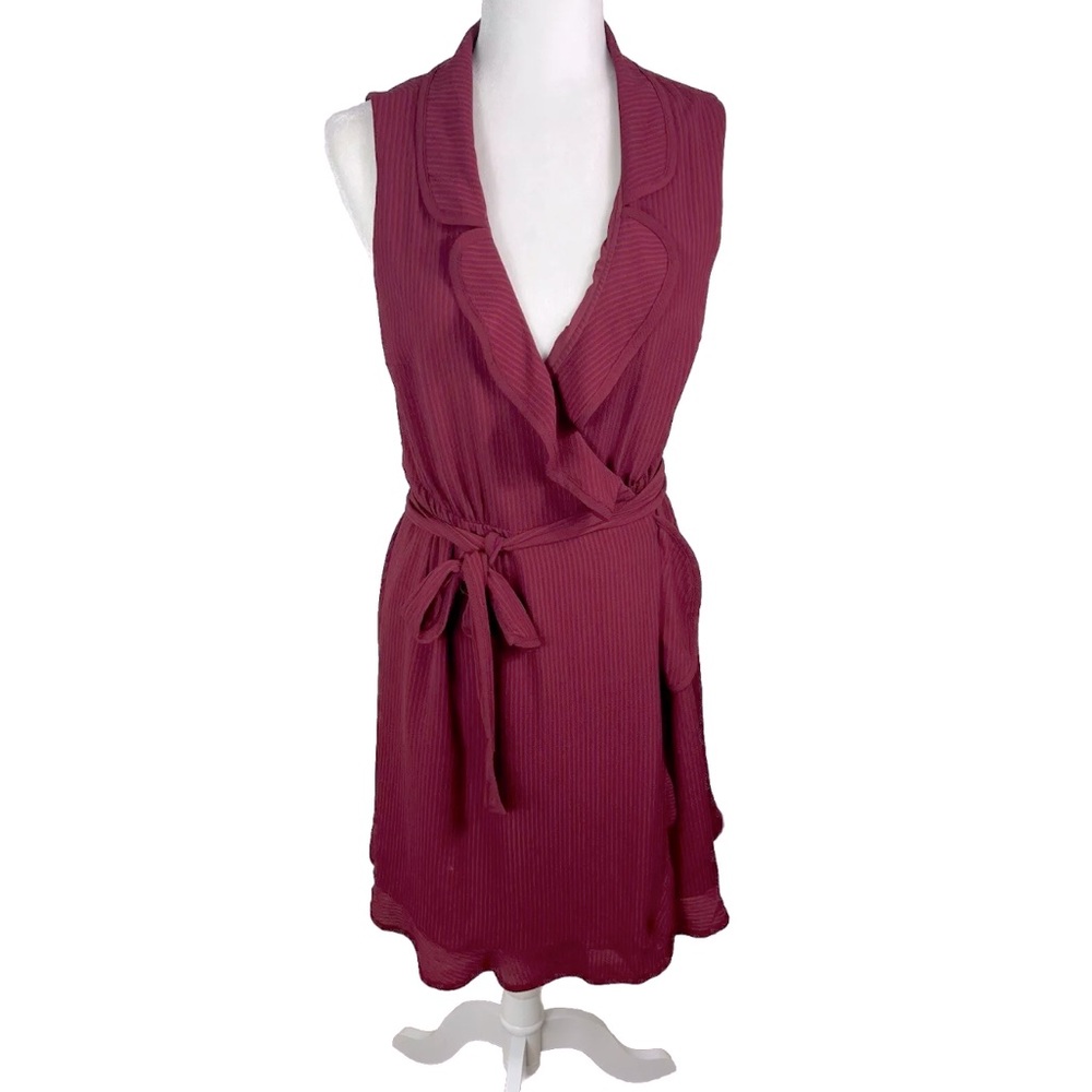 Modcloth Wrap Dress Daytime Dapper Burgundy Stripe Ruffle Sleeveless Knee Length